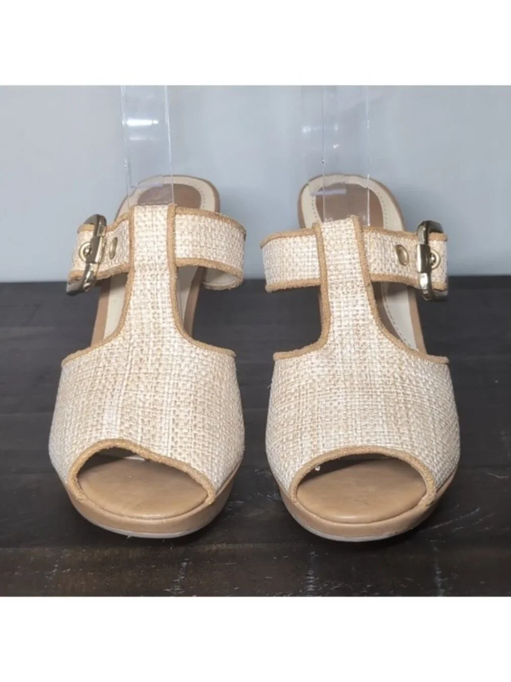 Naturalizer Kole Sandals Tan Woven Buckle Peep Toe Heels N5 Comfort Womens 7
